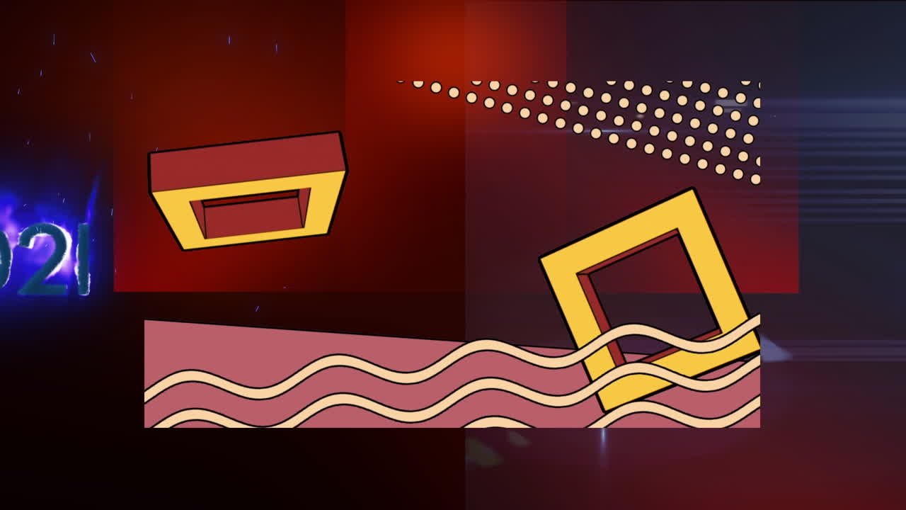 검은색과 빨간색 바탕에 회전하는 사각형, 파동 및 불타는 숫자의 애니메이션