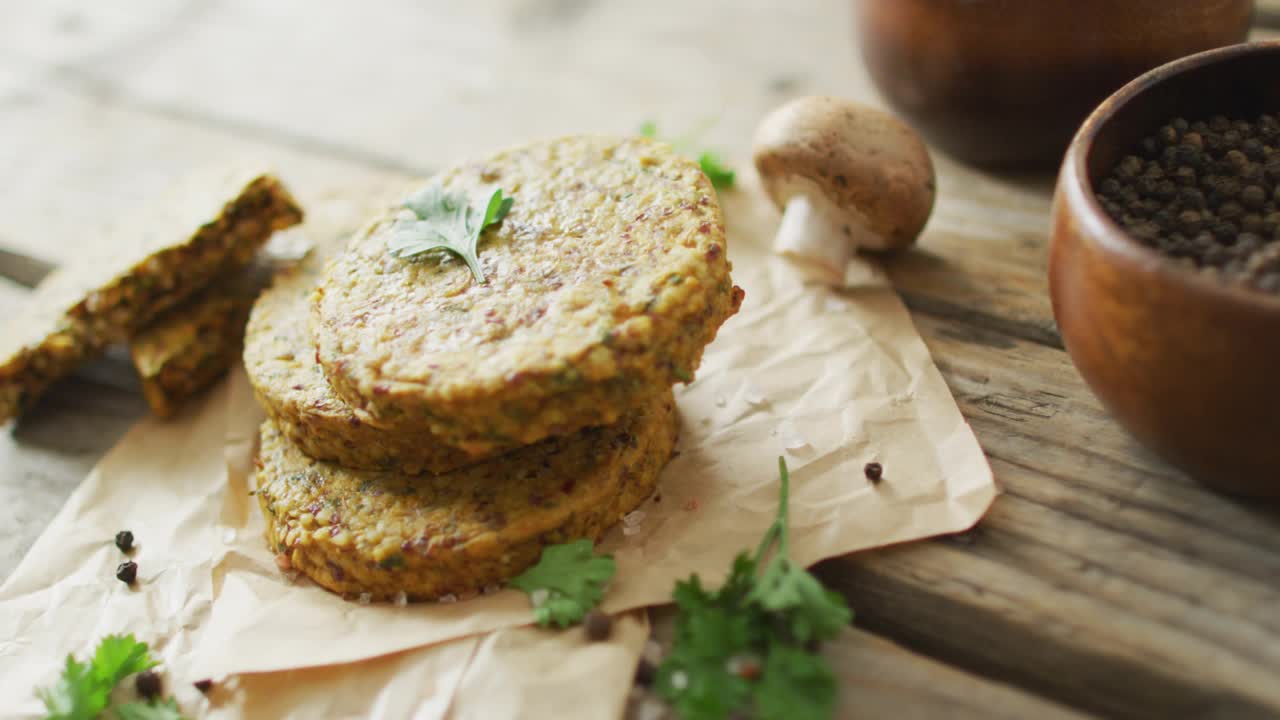 After close-up, green energy icons materializing around plant-based patties, showing sustainability