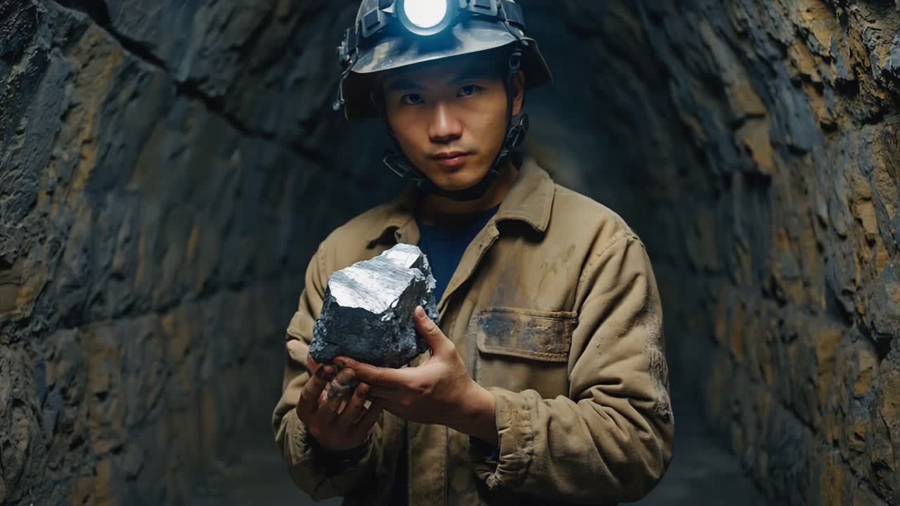 Miner holding a rock inside a tunnel