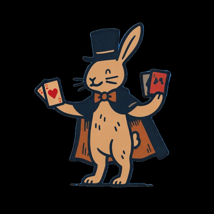 Illustrazione animata di un coniglio mago che esegue giochi di prestigio con le carte