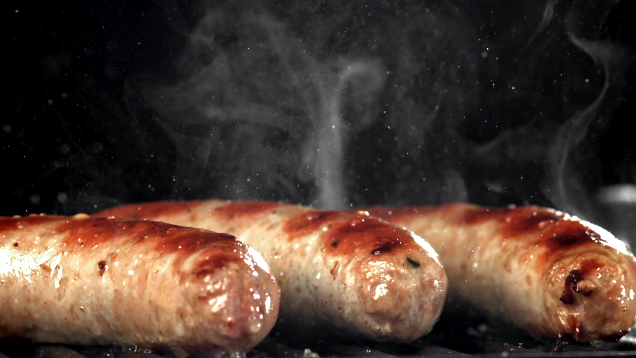 Salsicce succose che sfrigolano su una griglia calda con fumo