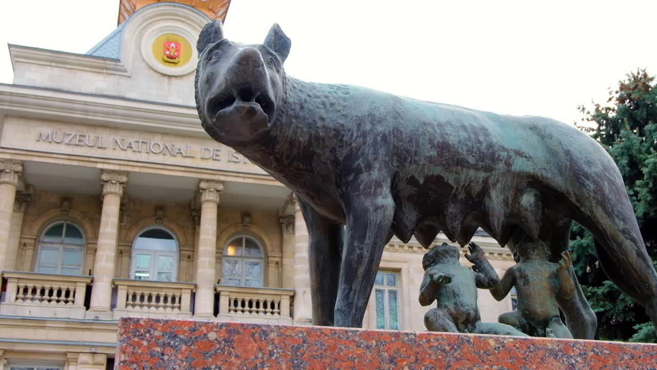 Chisinau, Moldova -April 17, 2021: Capitoline Wolf monument in front of the National History Museum of Moldova in the city centre