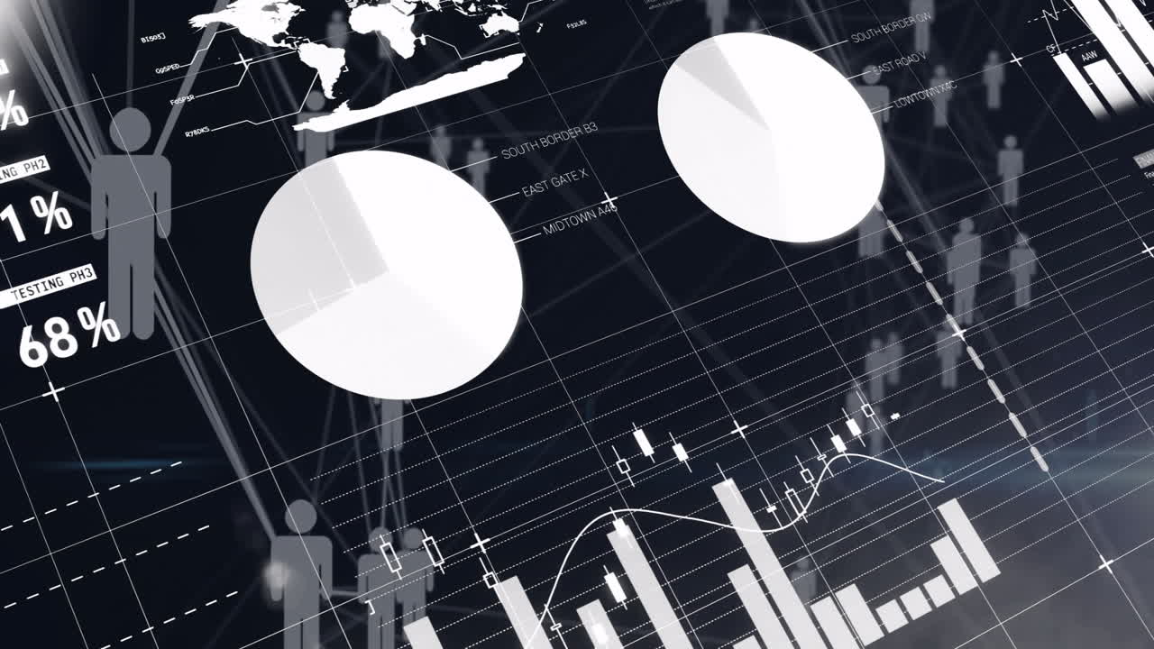 Financial data charts and graphs animation over silhouettes of business people