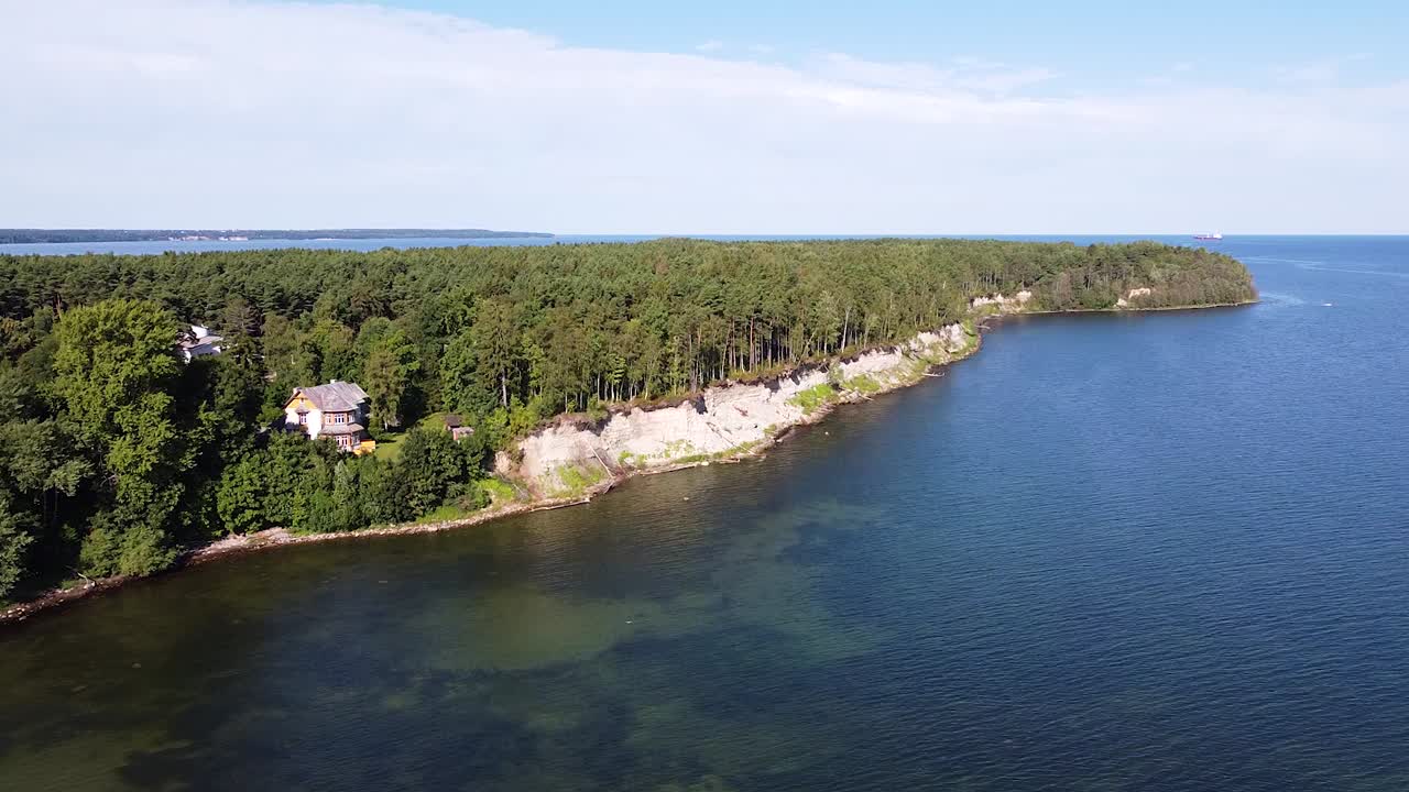 bosque de pinos y antigua casa en la costa de la bahía de tallin, vista aérea