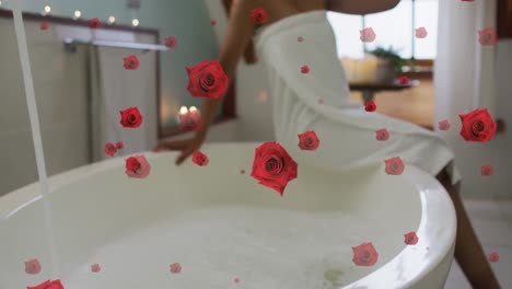 animación de iconos de rosas sobre mujer afroamericana tomando un baño