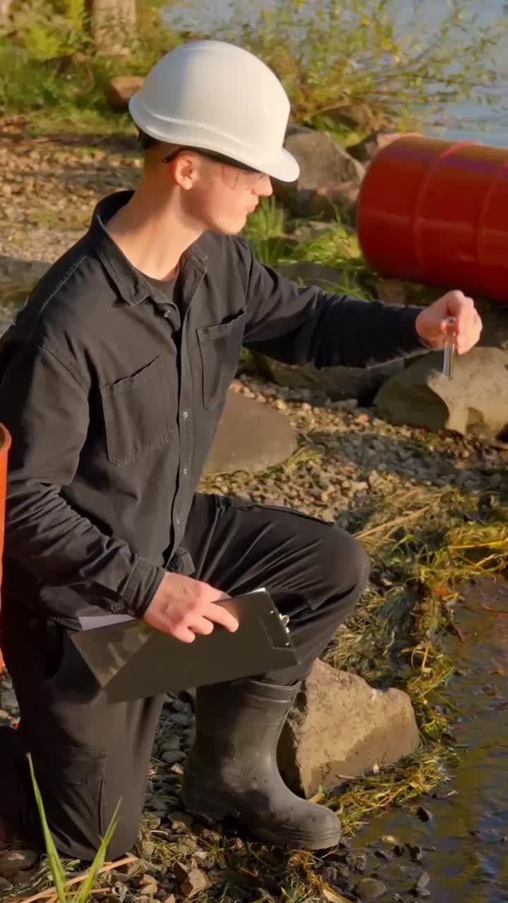 Scientist checks water quality by river for pollution, vertical