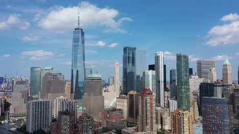 an aerial view over lower manhattan