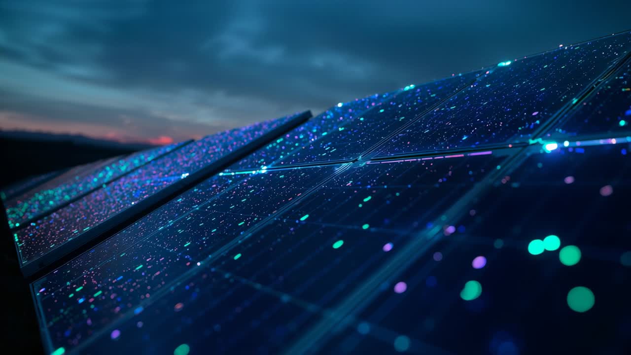 Solar panel array flickering with teal violet particles at solar farm, illustrating power transfer