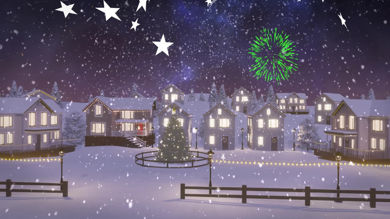 Falling snow under starry sky, glowing houses in snowy village scene
