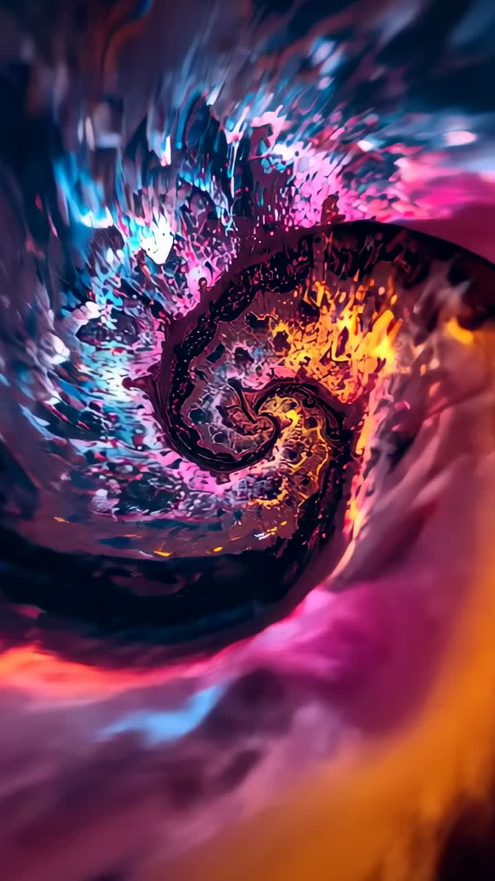 Vertical video: Curling paint spiral vortex in void as camera pulling inward, showing glowing bands