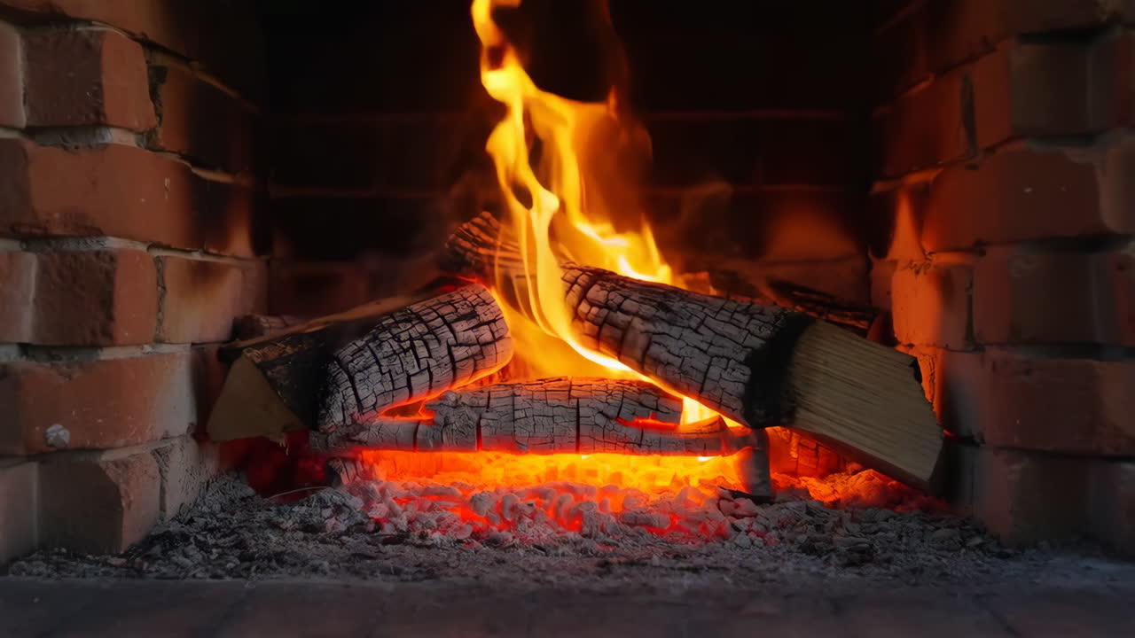 A cozy fire burning in a brick fireplace