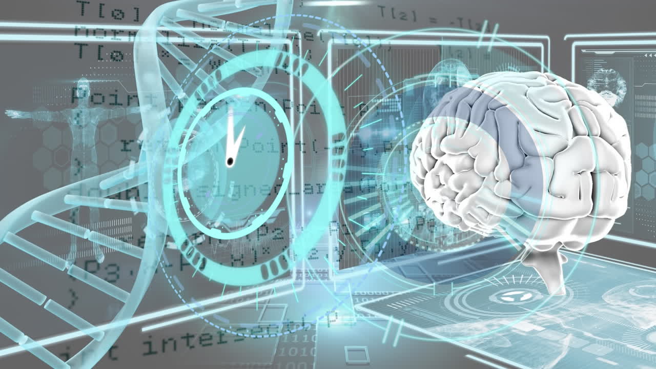 animación del reloj y el escaneo de alcance sobre el cerebro digital, la cadena de adn y el procesamiento de datos