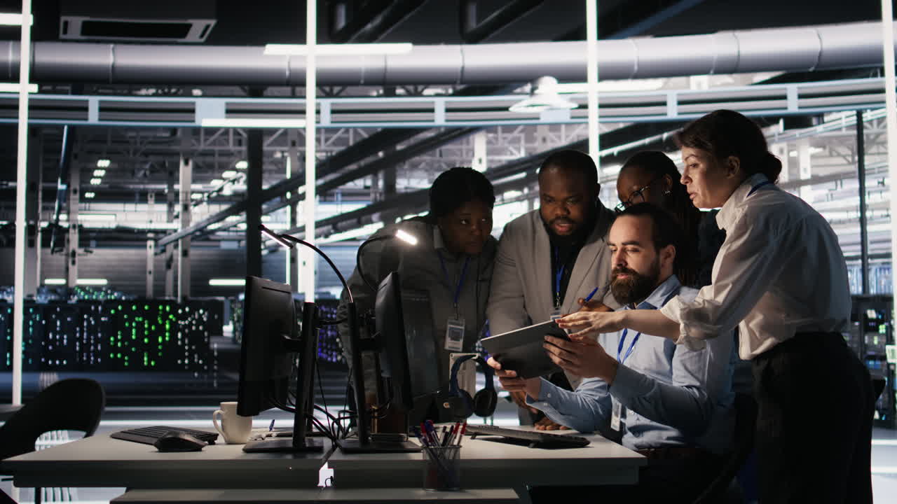 Vertical video Data center system administrators performing maintenance on supercomputers