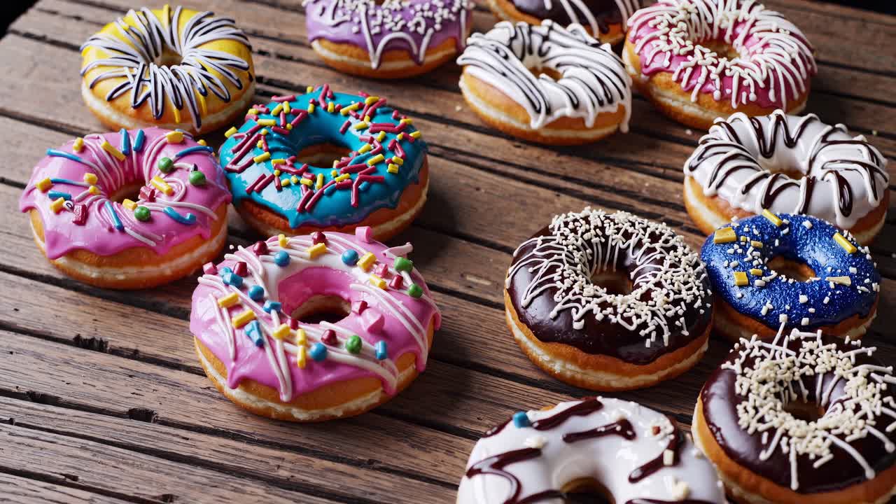 Colorful donuts with icing and sprinkles on a wooden table, captured from a high-angle view, perfect