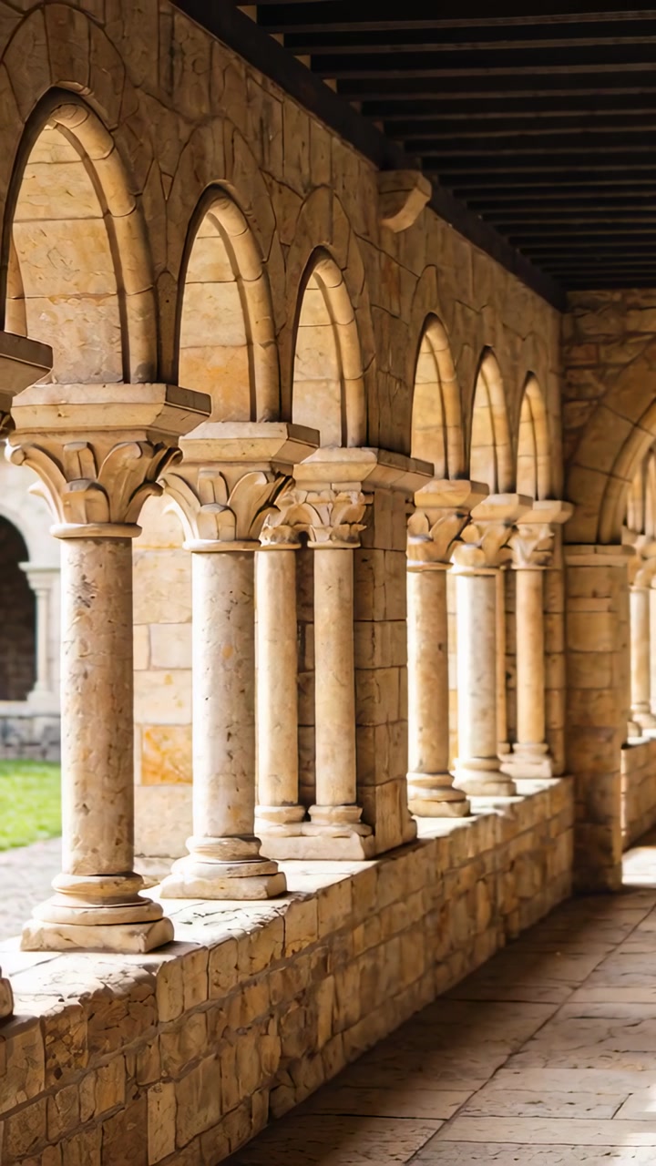Vertical video: Panning camera along cloister to reveal bright doorway, showing columns and arches
