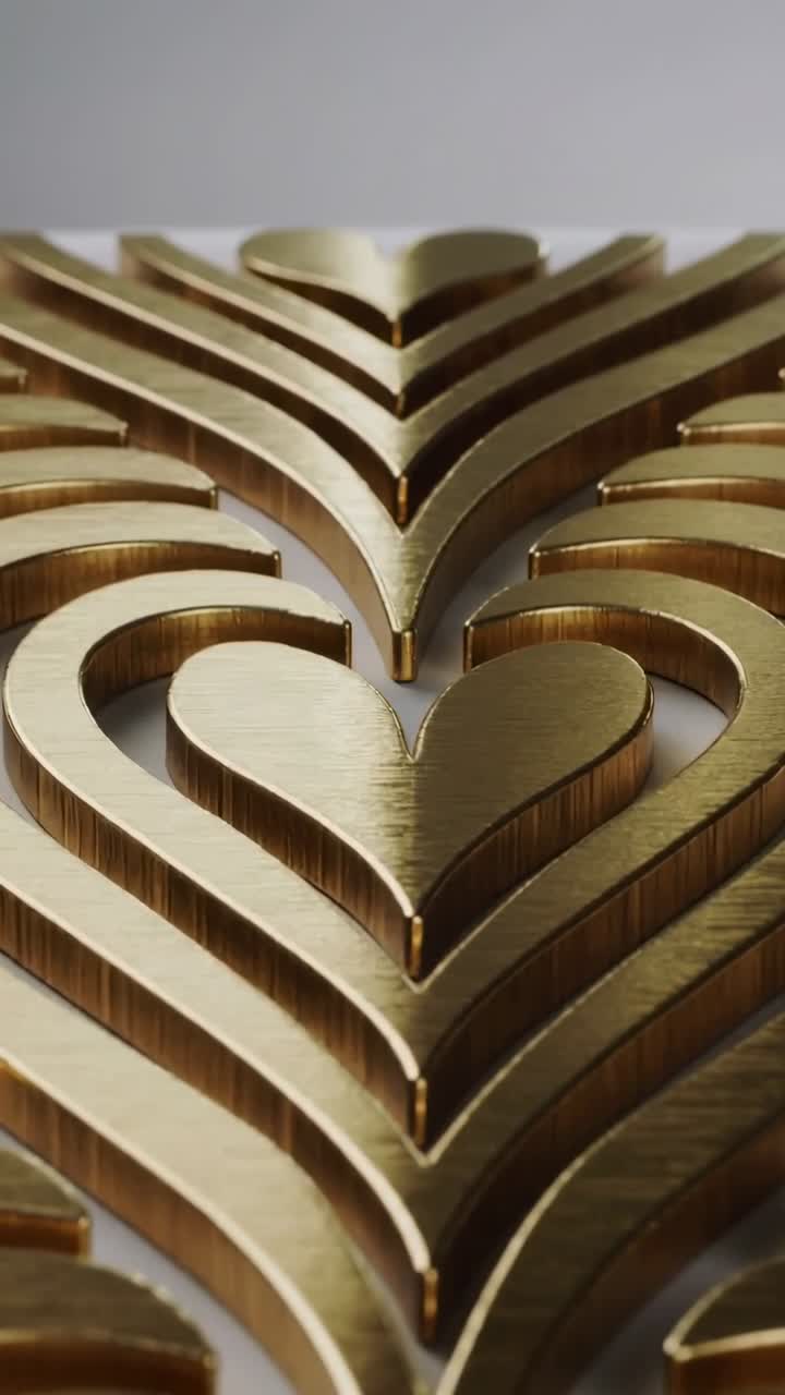 Vertical video: On start camera tracking ahead toward stacked gold hearts revealing metallic relief