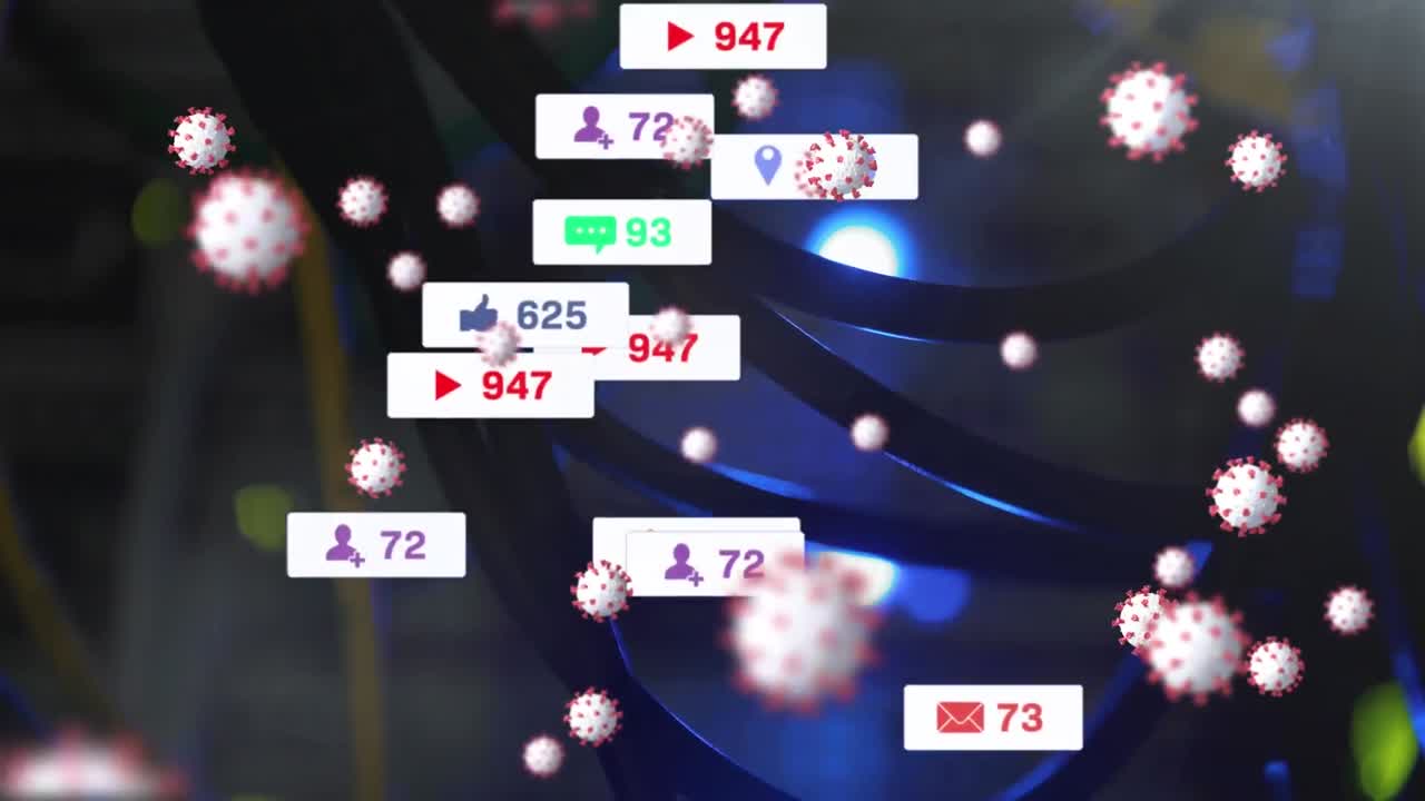 컴퓨터 케이블로 코로나 19 세포와 소셜 미디어 아이콘의 애니메이션