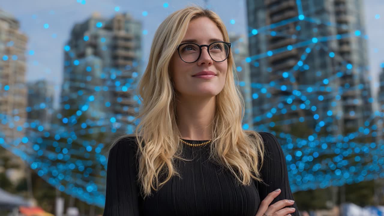 A Confident Young Woman Standing Against a Backdrop of Modern Architecture and Blue Lights, Exuding an Air of Self-Assuredness and Style in a Vibrant Urban Setting