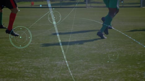 Animación-De-Red-De-Conexiones-Sobre-Jugadores-De-Fútbol-Practicando-En-El-Campo-De-Fútbol.