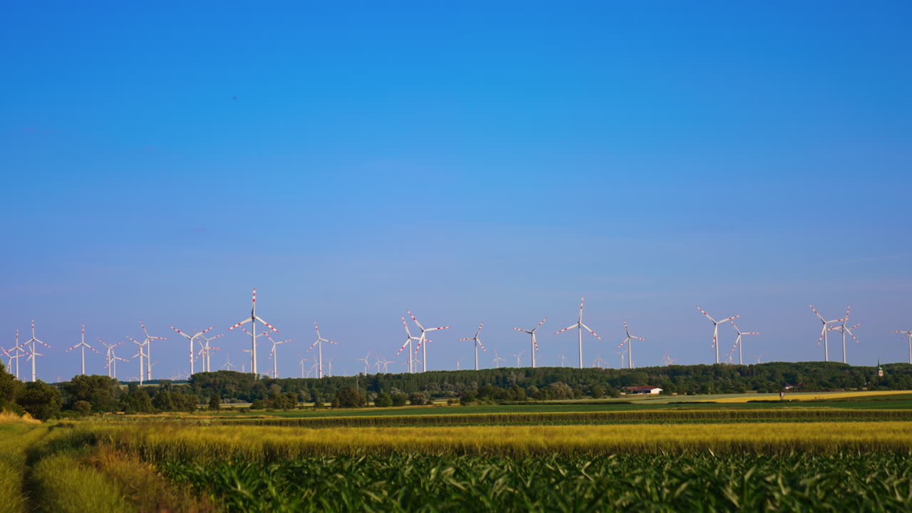 Tall wind turbines in the fields. A peaceful rural landscape features numerous wind turbines under a clear blue sky, surrounded by fields