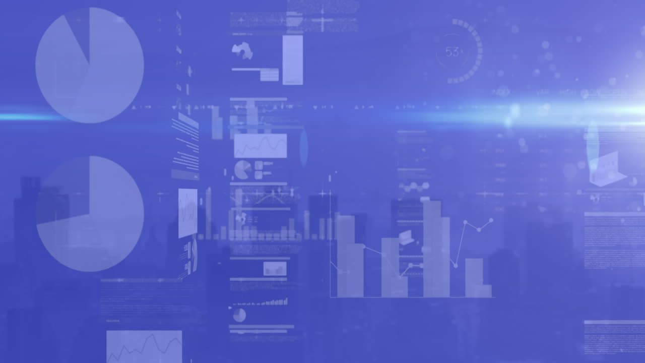 Animation of data processing with stock market over cityscape