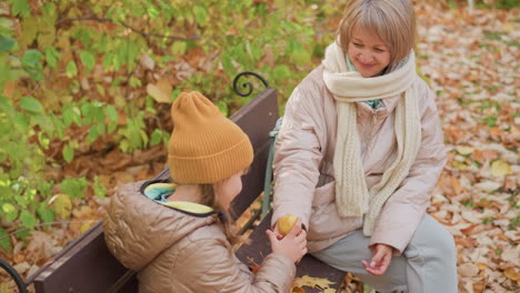 top view of mother pulling fruit from coat pocket while sitting beside child on wooden bench surrounded by fallen autumn leaves, child looks down quietly before receiving fruit with quiet curiosity