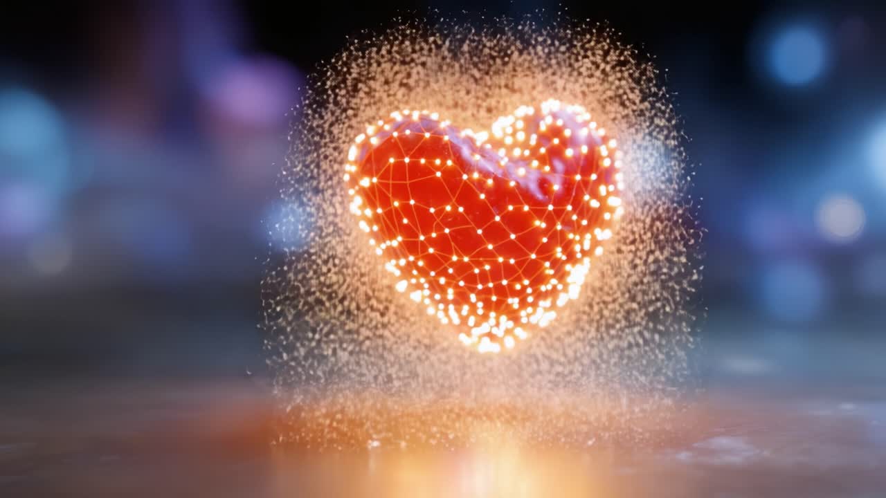 Un cuore fluttuante e abbagliante fatto di luce e particelle, che mostra un'affascinante rappresentazione digitale di amore ed emozione in un accattivante contenuto visivo.