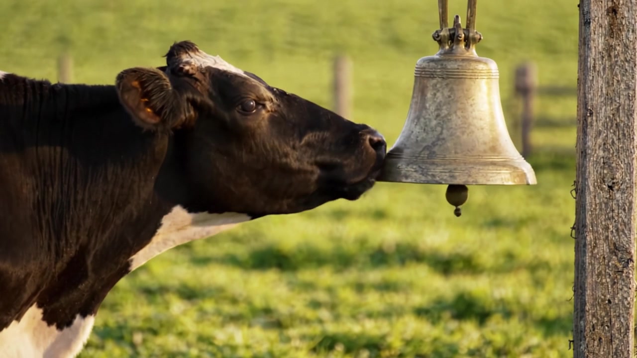 Un primo piano di una mucca curiosa con un campanaccio in un sereno ambiente pastorale sotto un sole tenue, che cattura l'essenza della vita rurale e del comportamento animale