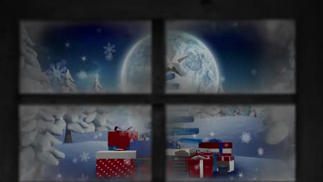 Window-frame-against-snowflakes-falling-over-christmas-tree-and-gifts-on-winter-landscape