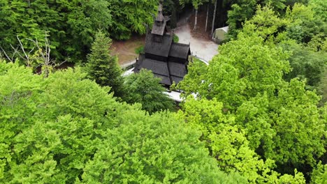 aerial: fantoft stave church, fantoft stavkirke in bergen