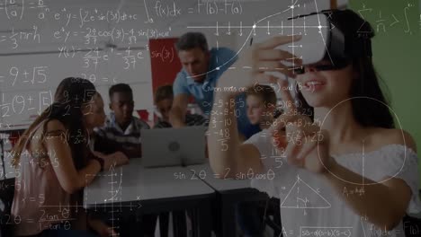 Mathematical-equations-floating-against-caucasian-girl-wearing-vr-headset-at-elementary-school