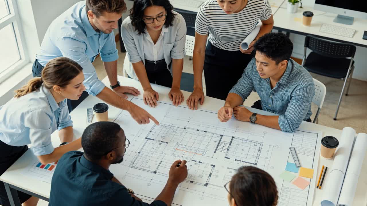 Design team leaning over blueprint, pen starting marks, team pointing, aligning layout for decision
