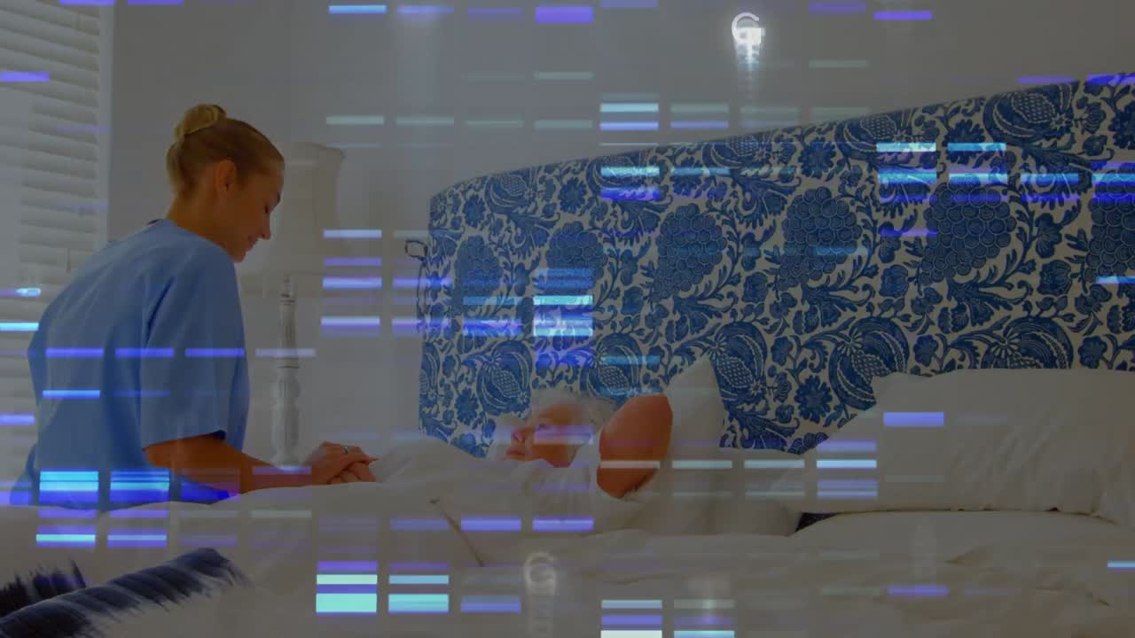 анимация обработки данных над кавказской врачом, ухаживающей за пожилым пациентом