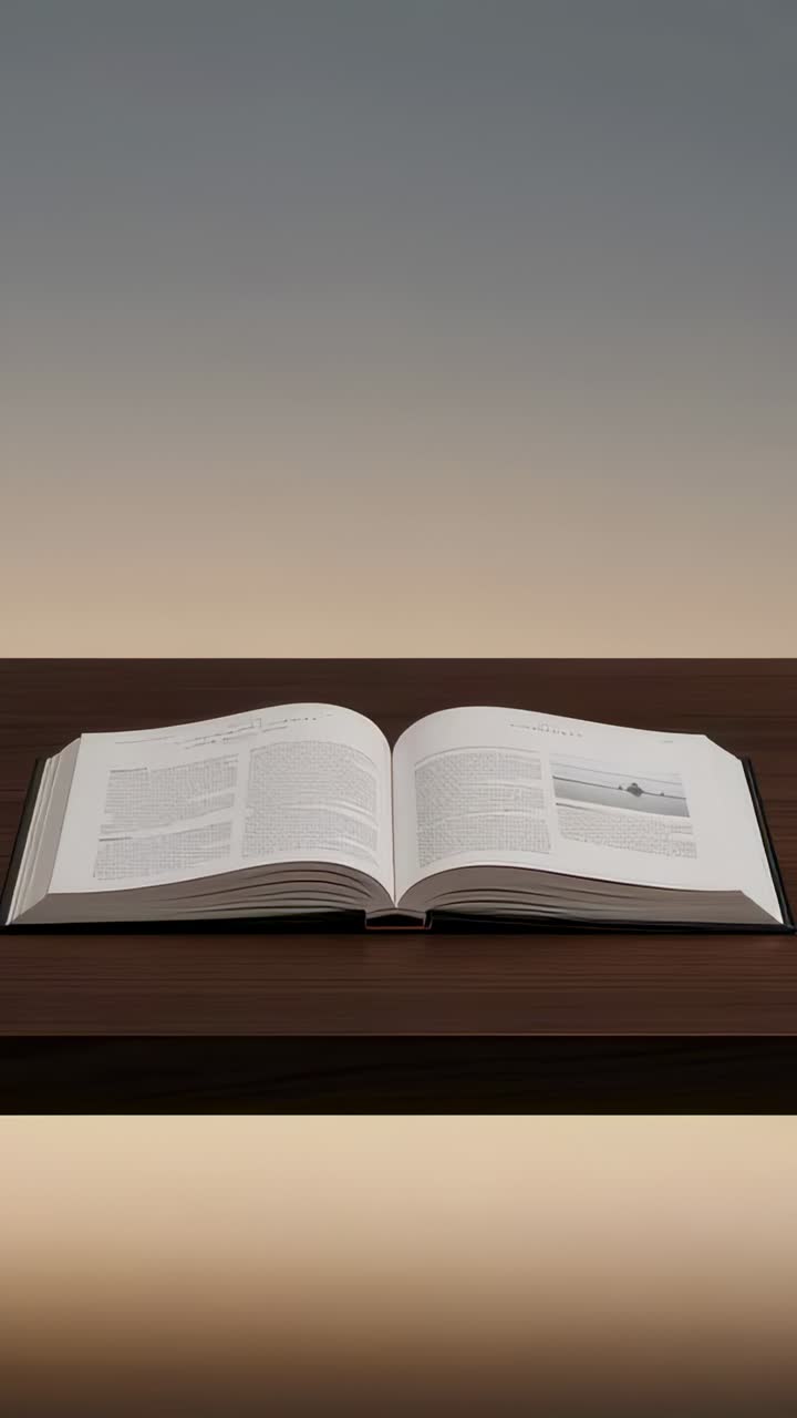 Video vertical: Primer fotograma mostrando un libro abierto expuesto en un estante de madera, iluminado por una tira de luz.