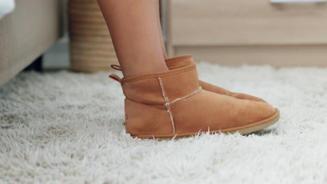 Woman,-shoes-and-walking-on-carpet-in-bedroom