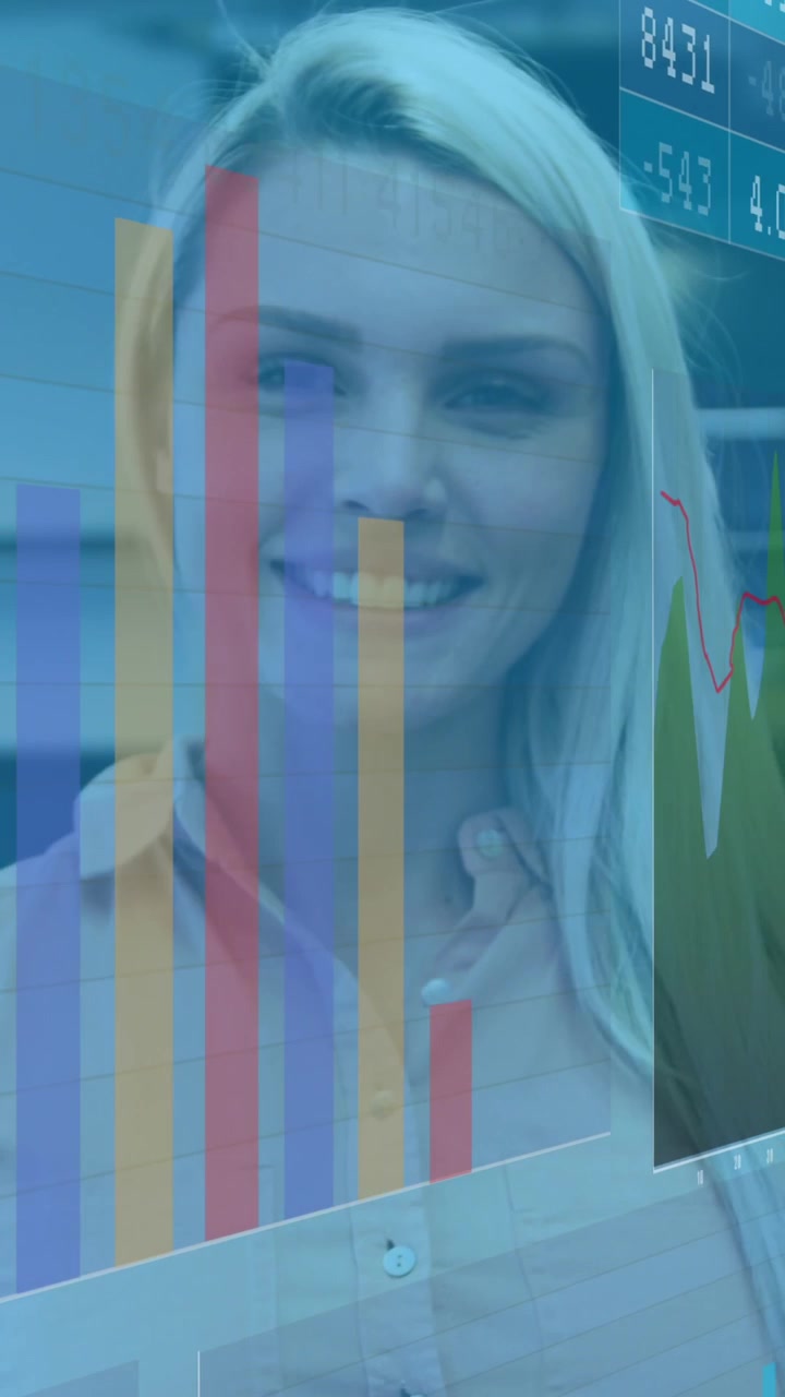 Animation of statistical data processing against portrait of caucasian woman smiling at office