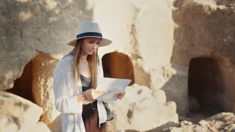 woman reading a map near ancient tombs