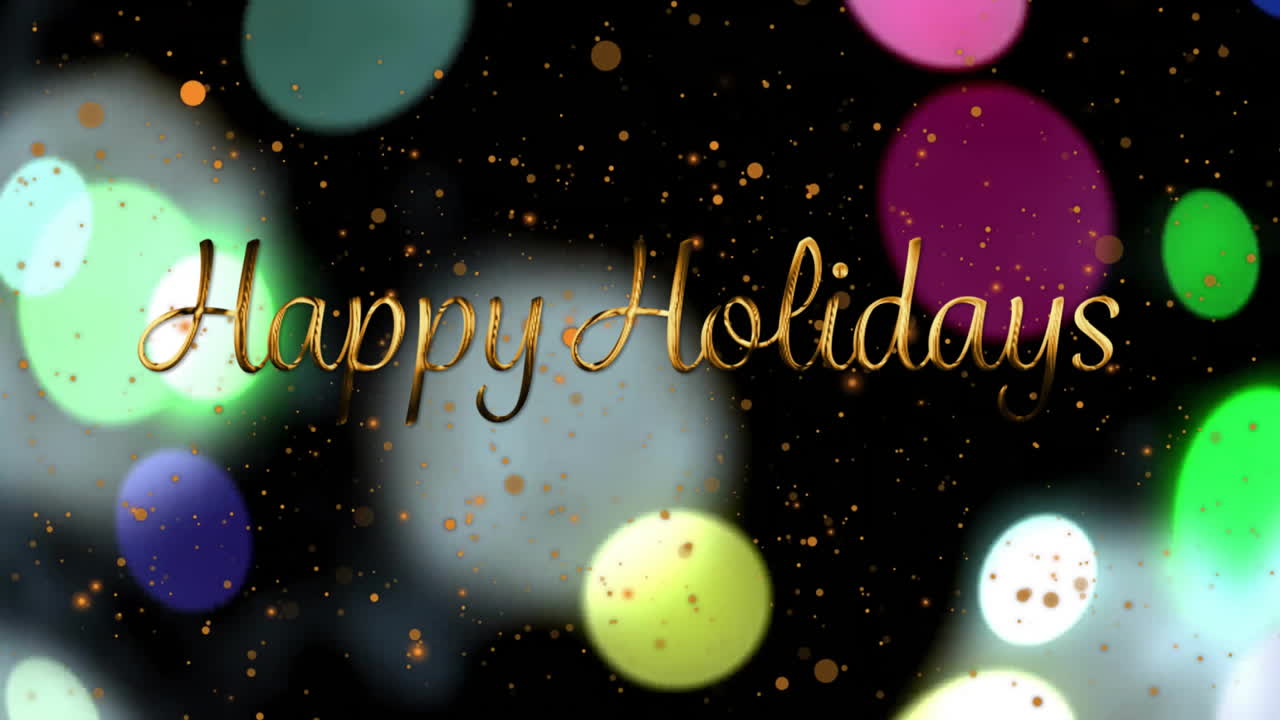 Happy Holidays text animation over colorful bokeh lights and falling snowflakes