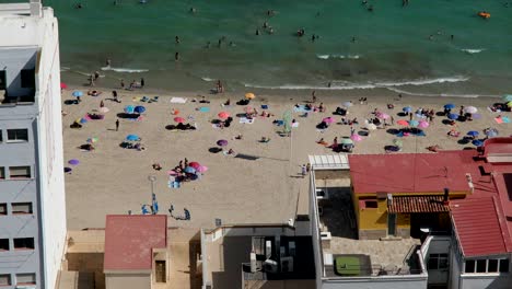 alicante’s beach is packed with people soaking up the sun, enjoying the hot summer day, vibrant energy, and clear blue waters along the coast.
