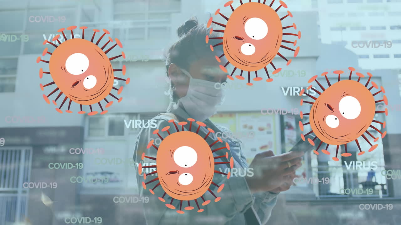 Animation of virus cells and virus text over asian woman wearing face mask, using smartphone