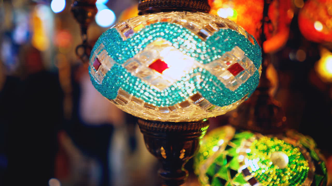 Colorful Turkish Mosaic Lamps in a Bazaar