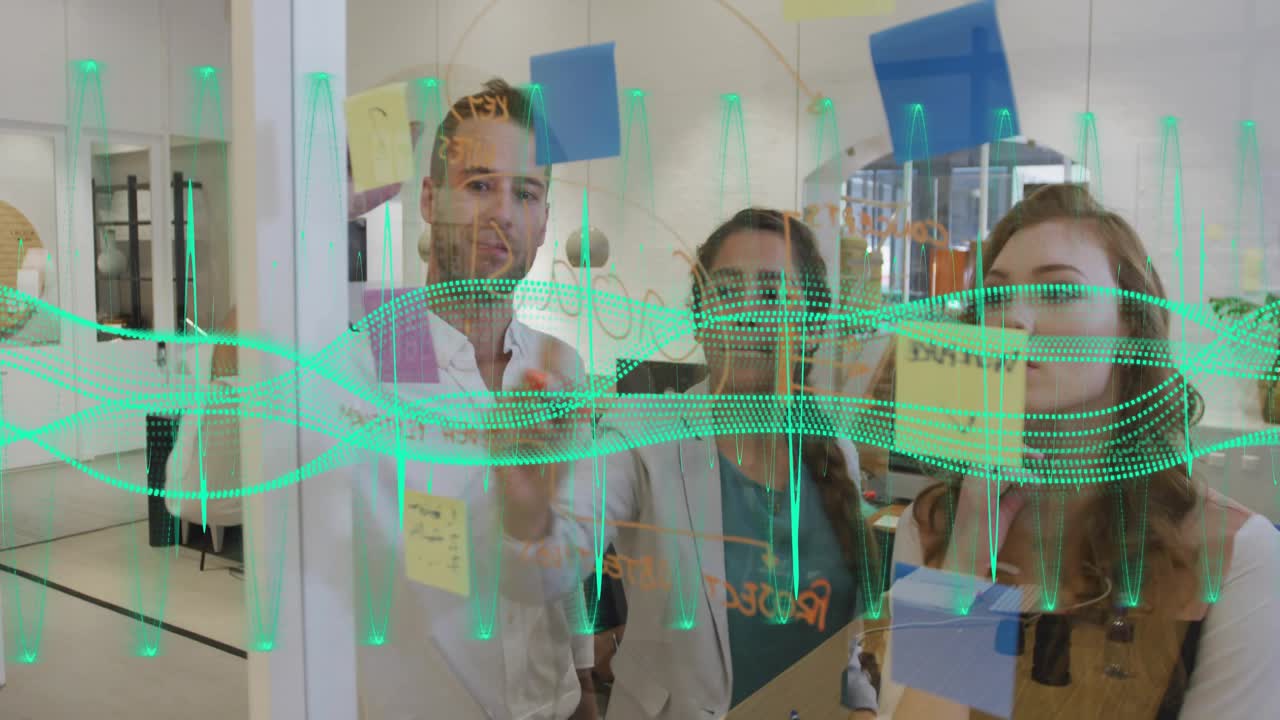 Business team starting planning by writing on glass, moving notes with green waveform marking notes
