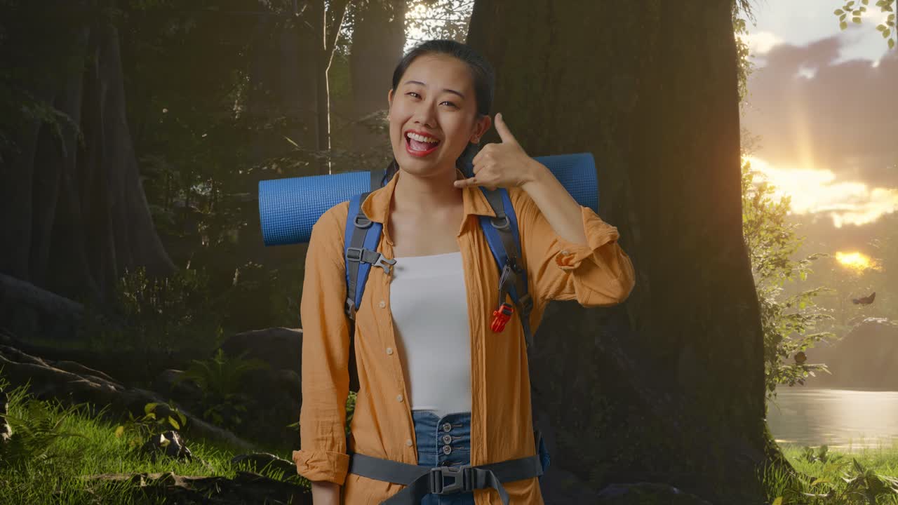 Smiling Asian Woman Hiking in Forest, Making a Call Gesture