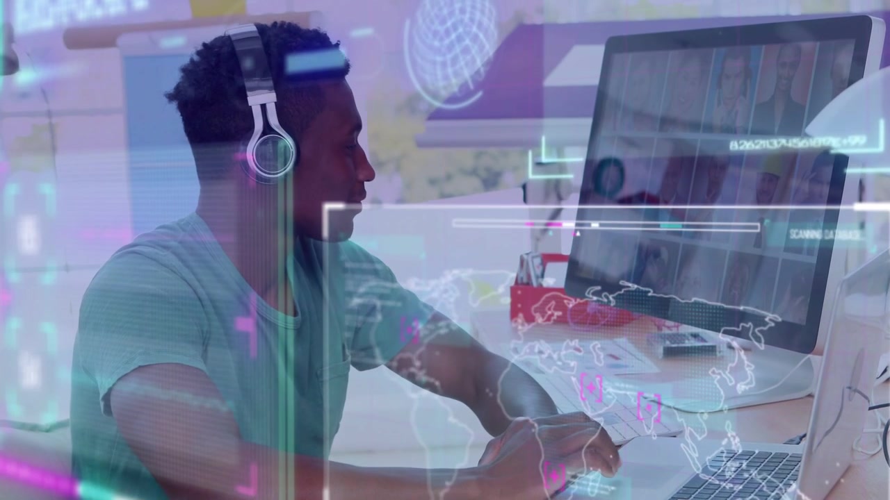 Designer lifting headset and selecting swatch, matching colors while HUD overlays updating monitor