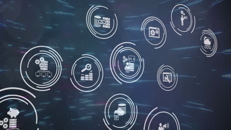 múltiples iconos digitales contra pruebas de luz en movimiento sobre fondo azul