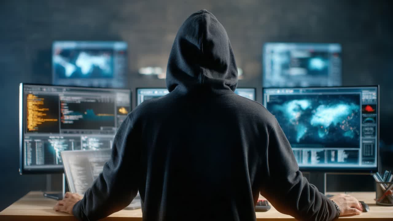 A Focused Individual in a Hoodie Analyzing Complex Data on Multiple High-Resolution Monitors in a Dimly Lit Workspace with Advanced Technology
