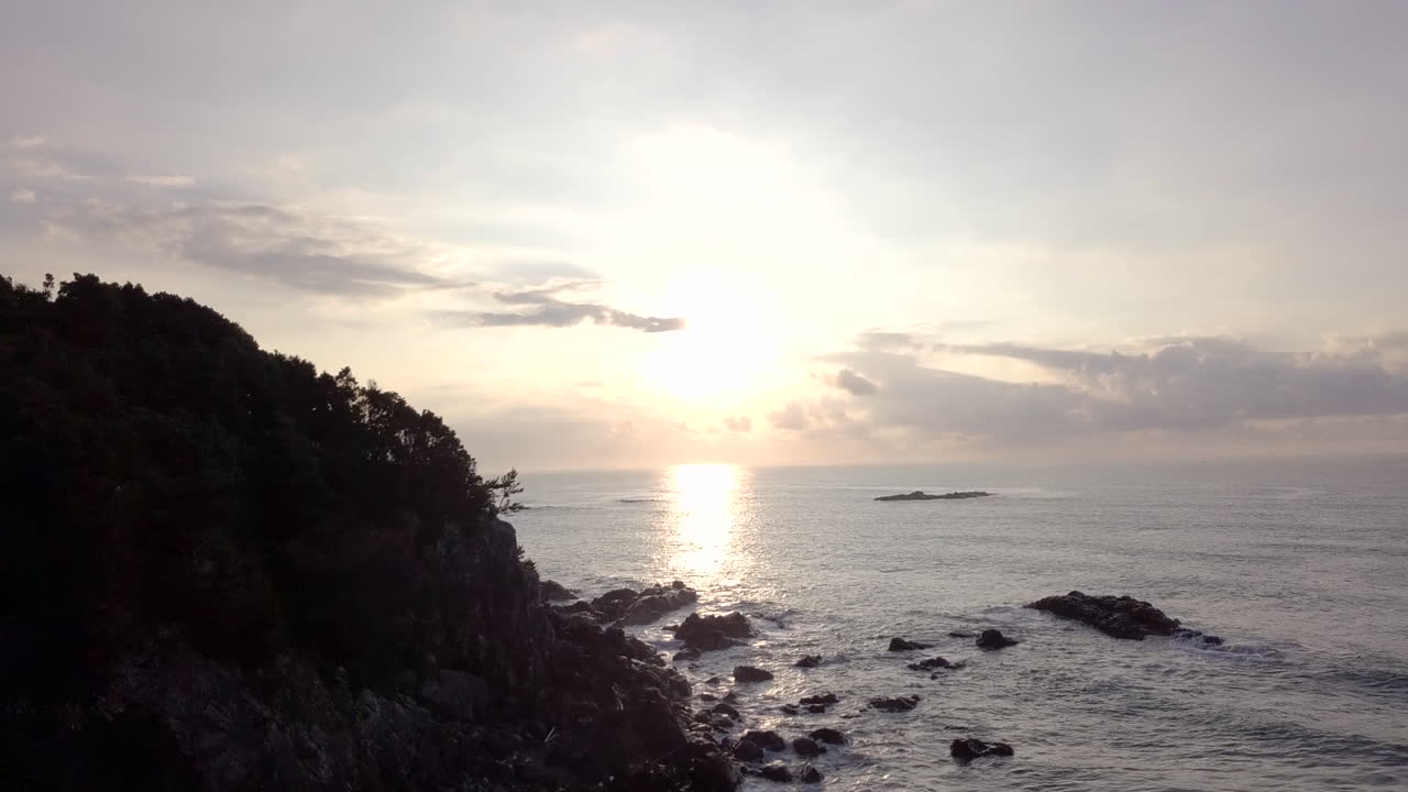 Aerial view of the Countryside of Japan, Sunrise soft light in Shikoku, Nakamura Beach.