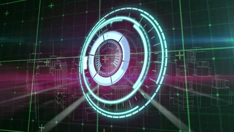 Animation of processing circle over diverse data and metaverse city in black and pink space