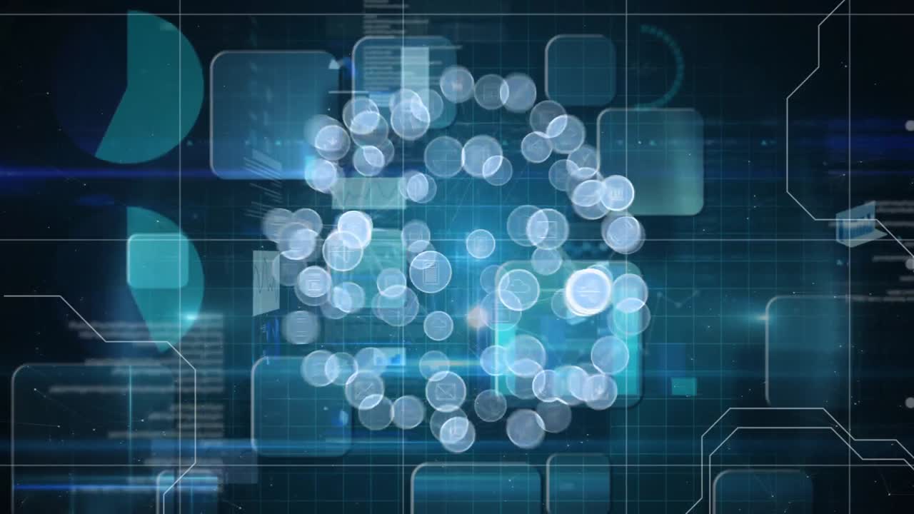 animación de iconos tecnológicos que se expanden con cuadrados azules gráficos datos e información