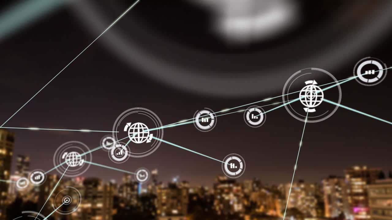 디지털 아이콘의 네트워크의 애니메이션은 밤에 도시 풍경의 공중 뷰에 대항합니다.